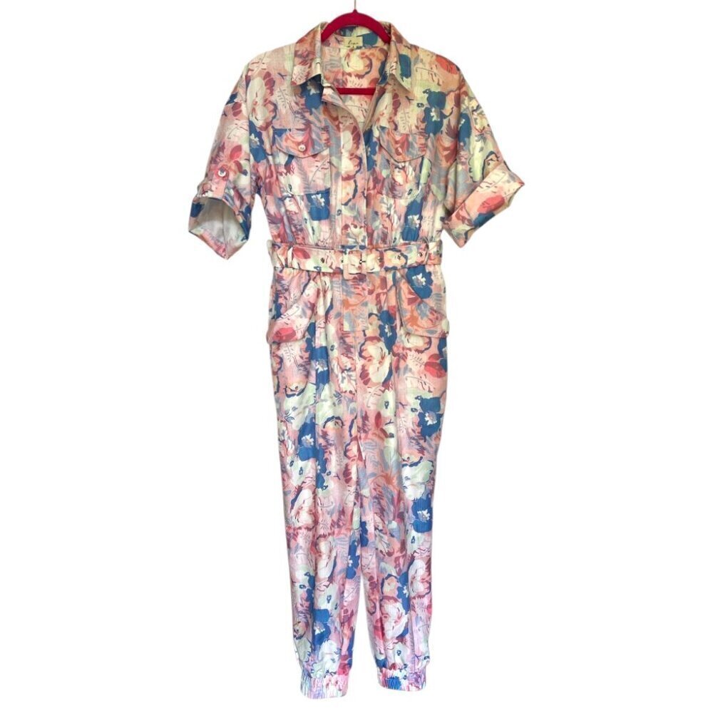 Lena Romper Jumpsuit Floral Print Pockets & Belted Zip Front Cuffed Ankles Small